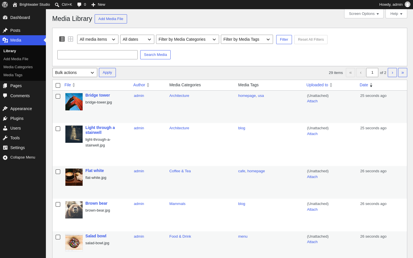 The media list view with Media Categories and Media Tags columns.